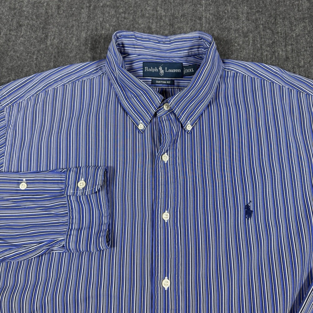 Ralph Lauren Mens XXL Custom Fit Blue Striped Long Sleeve Button Down Shirt